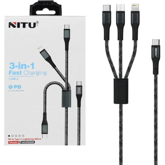 کابل شارژ و دیتا PD و فست 1.2متری سه کاره NITU مدل NC206G - مشکی سفید